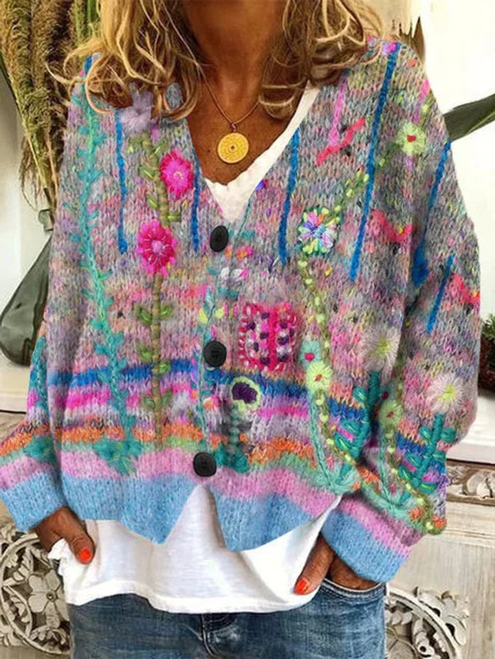Women's Button-Up Floral Knit Cardigan in Grey
