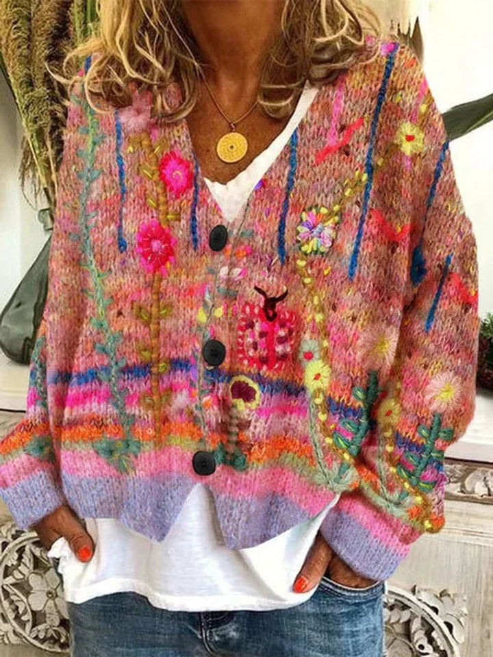 Women's Button-Up Floral Knit Cardigan in Orange