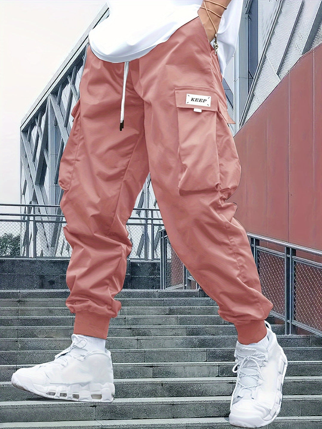Women's Cargo Joggers with Adjustable Waistband in Pink