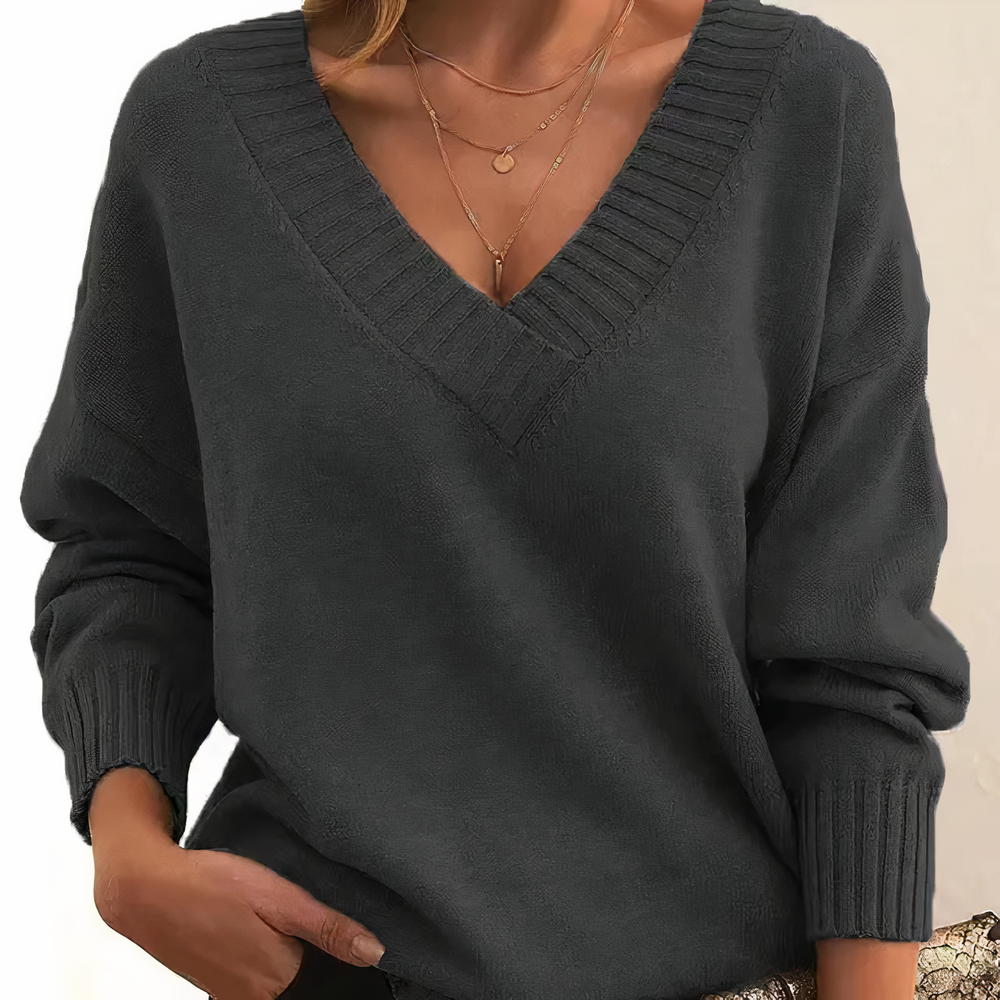 Women's Cashmere Sweater with Elegant V-Neckline in Dark Grey