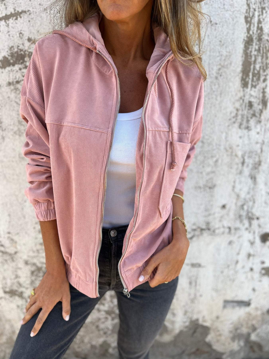 Women's Casual Cotton Hooded Jacket in Pink