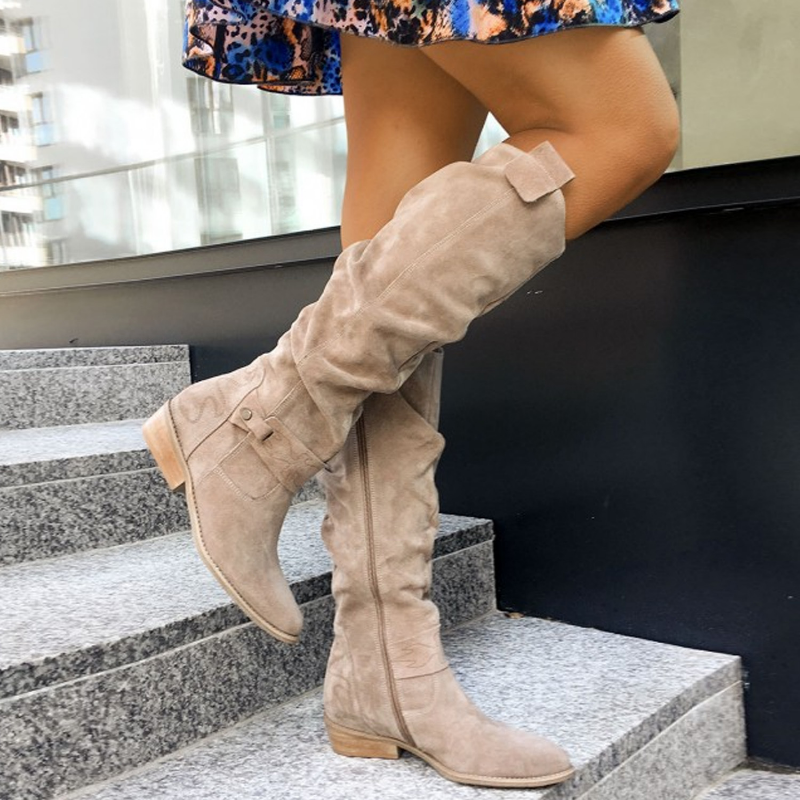 Women's Casual Knee-High Leather Boots in Beige