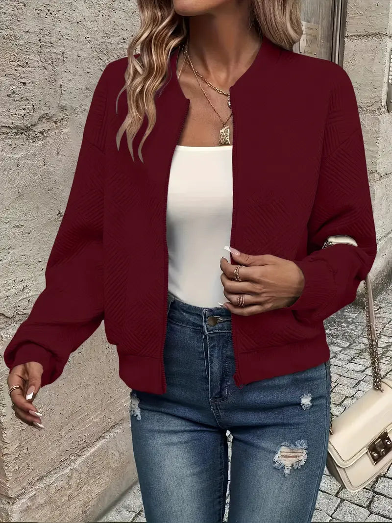 Women's Casual Polyester Jacket for Layering in Dark Red
