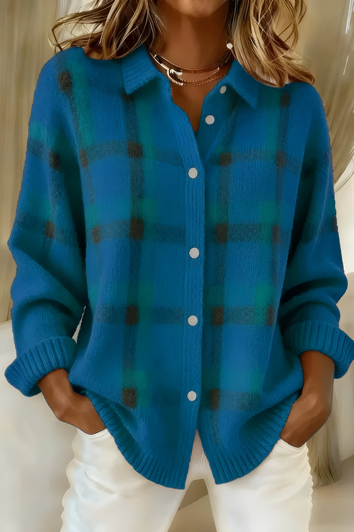 Women's Checkered Knit Cardigan for Autumn in Blue