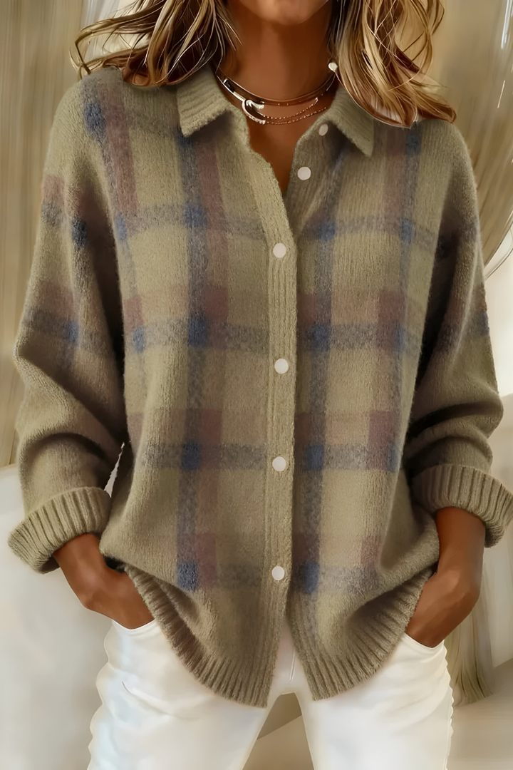 Women's Checkered Knit Cardigan for Autumn in Brown