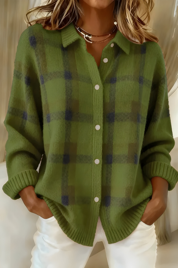 Women's Checkered Knit Cardigan for Autumn in Green