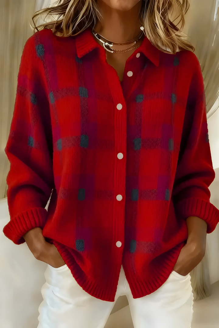 Women's Checkered Knit Cardigan for Autumn in Red