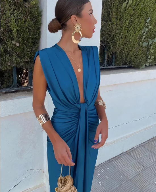 Women's Christmas Party Dress with Plunging V-Neck in Blue