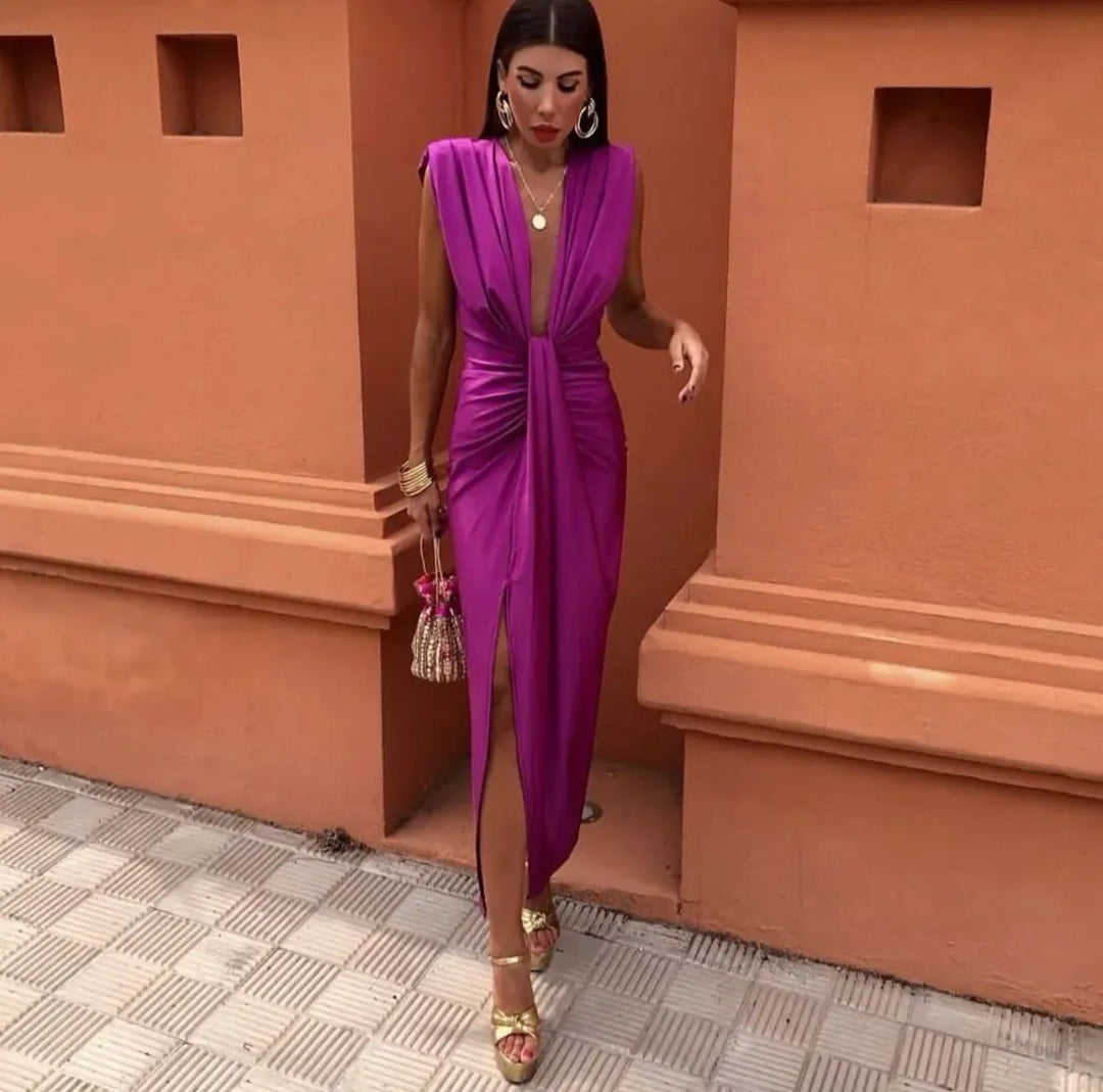 Women's Christmas Party Dress with Plunging V-Neck in Pink