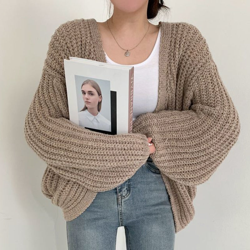 Women's Chunky Knit Cardigan for Autumn in Khaki