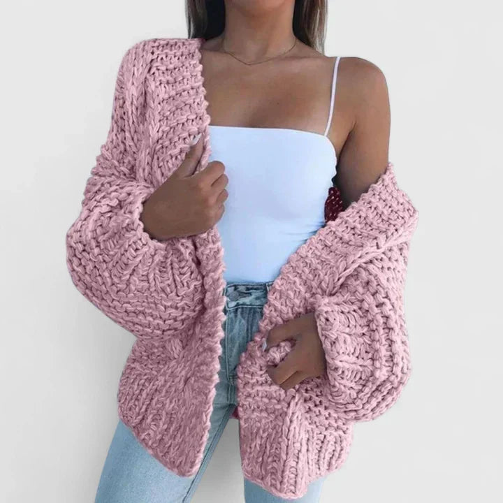 Women's Chunky Knit Cardigan for Autumn Layering in Pink