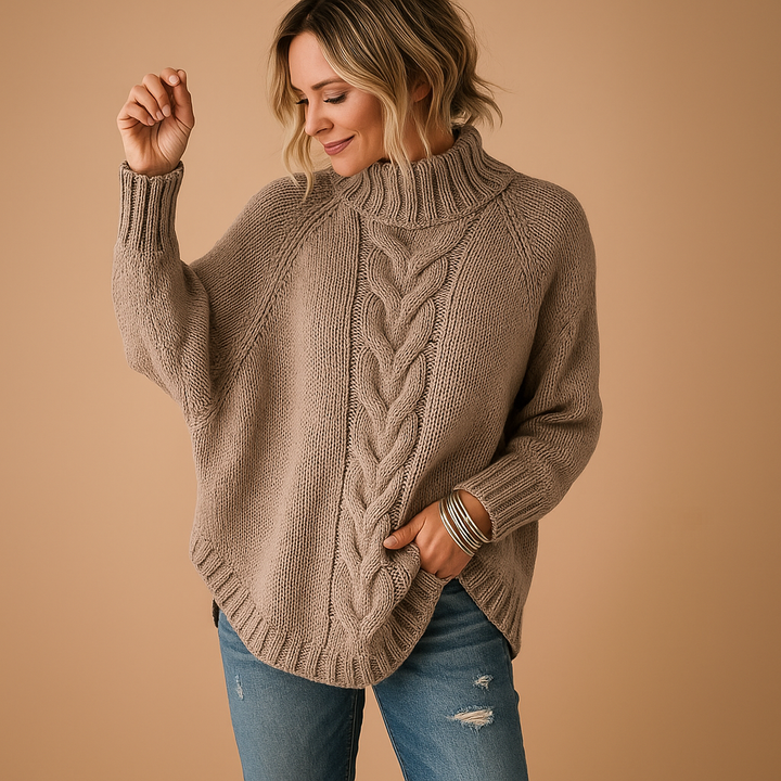 Women's Chunky Knit Turtleneck Jumper Dress in Brown