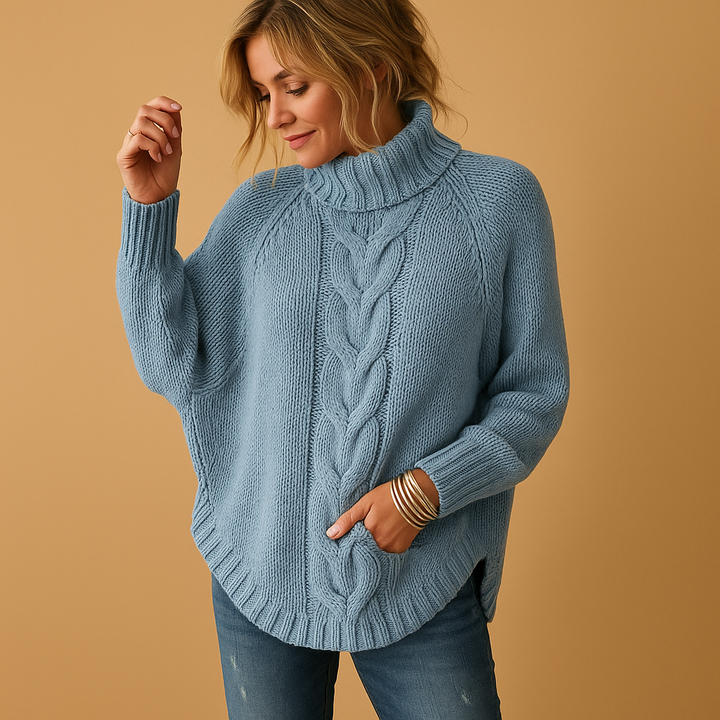 Women's Chunky Knit Turtleneck Jumper Dress in Light Blue