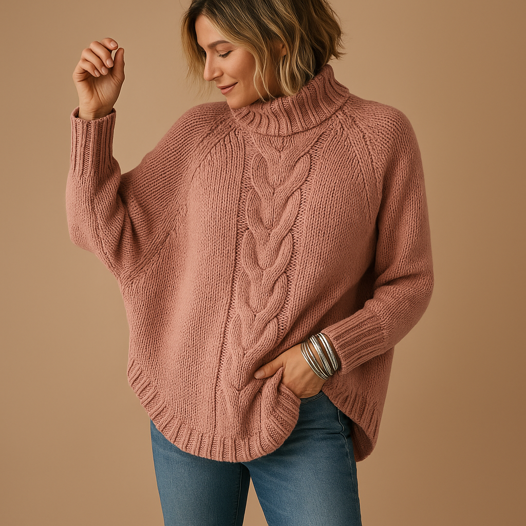 Women's Chunky Knit Turtleneck Jumper Dress in Pink