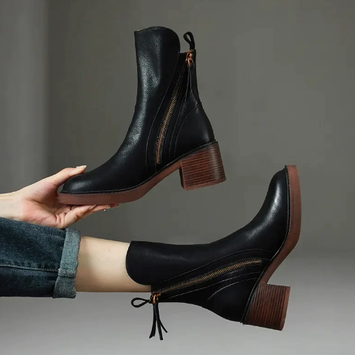 Women's Classic Black Leather Ankle Boots in Black