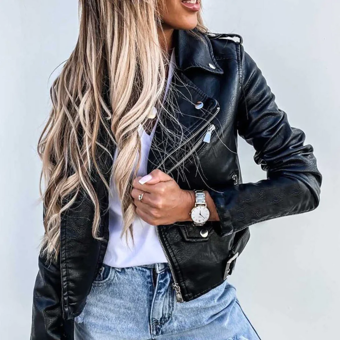 Women's Classic Leather Jacket for Autumn in Black