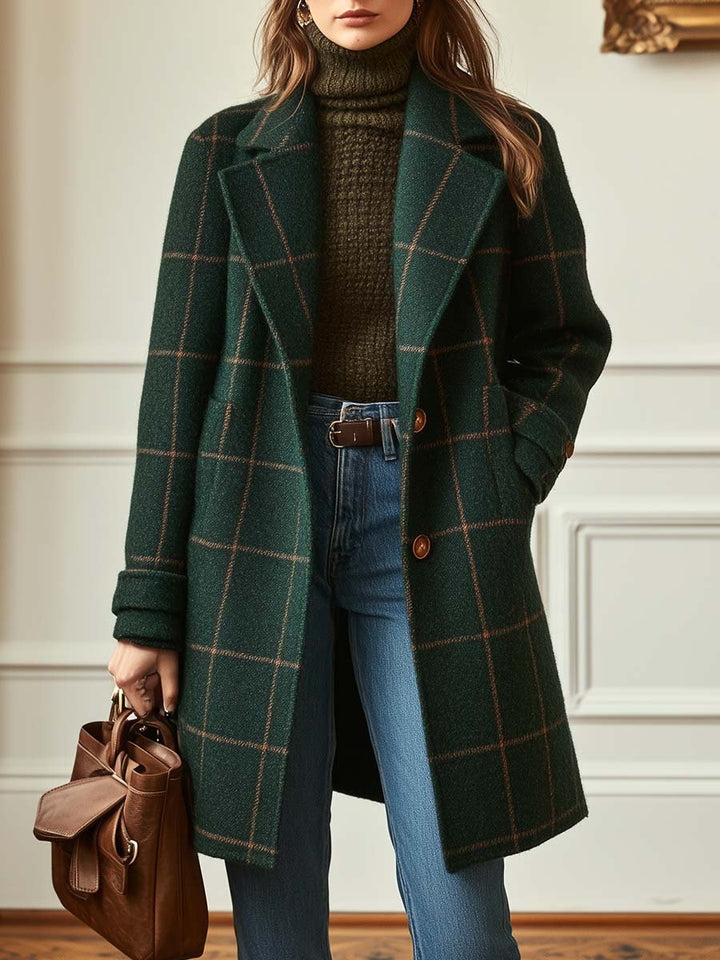 Women's Classic Tweed Plaid Winter Coat in Dark Green