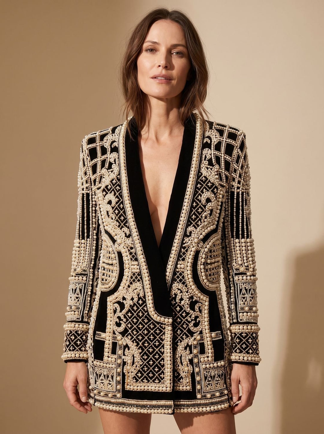 Women's Coat Pearl-Embellished Evening in Gold-coloured