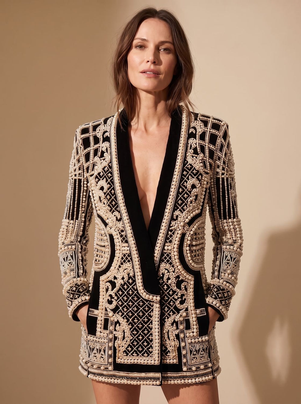 Women's Coat Pearl-Embellished Evening in Silver-coloured