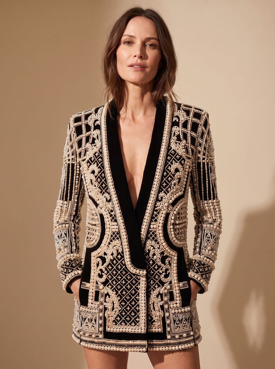 Women's Coat Pearl-Embellished Evening in Silver-coloured