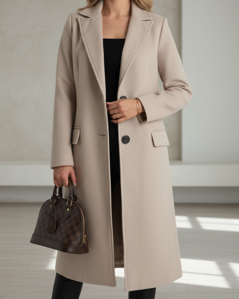 Women's Coat Tailored Longline for Autumn in Beige