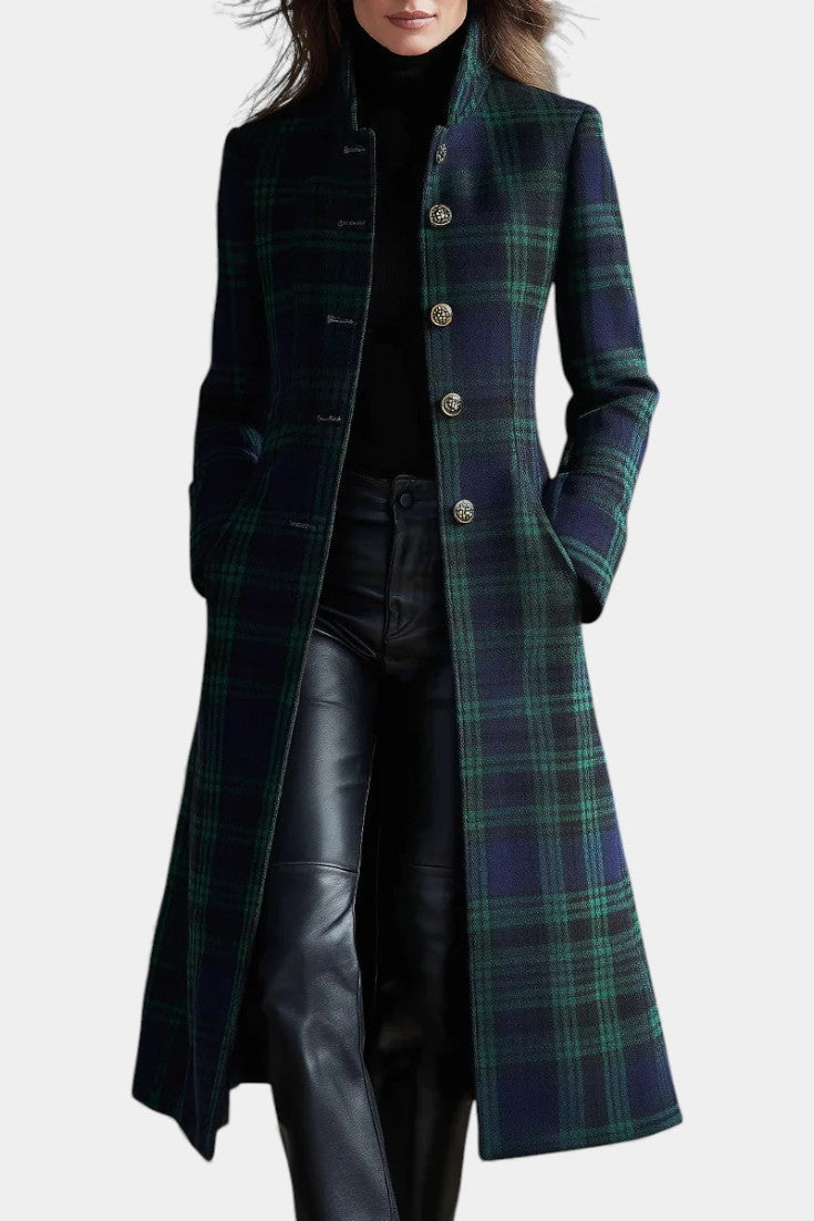 Women's Coat with Checkered Midi Pattern in Green