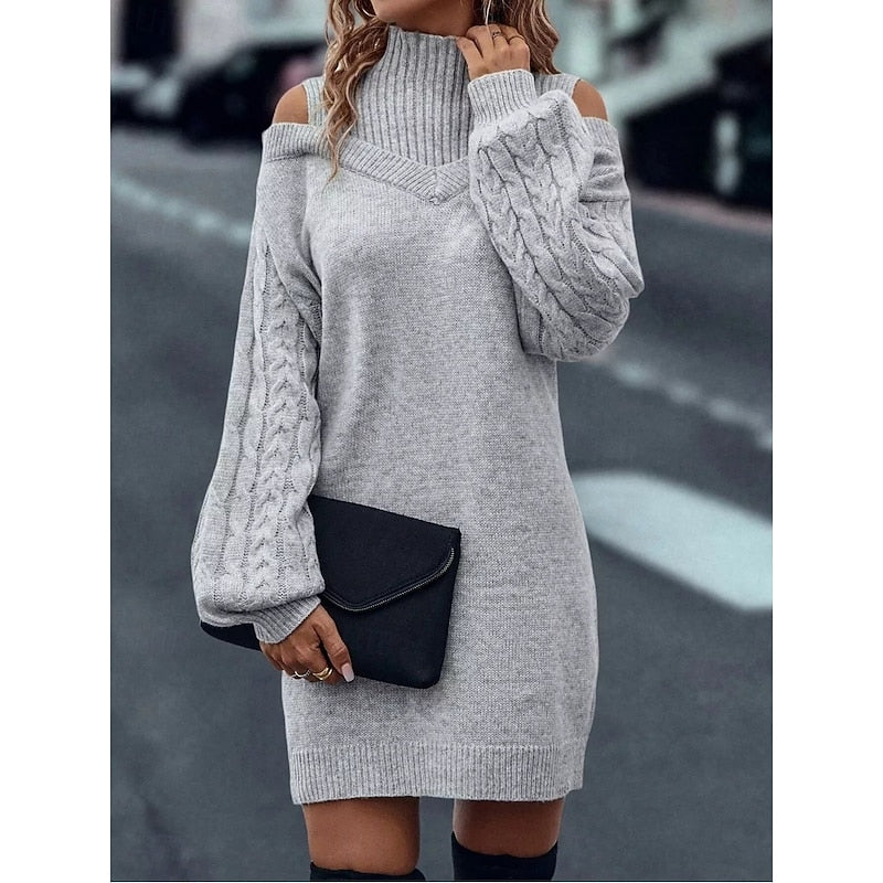 Women's Cold-Shoulder Mini Jumper Dress for Autumn in Grey