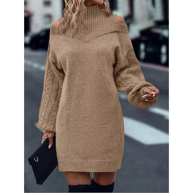 Women's Cold-Shoulder Mini Jumper Dress for Autumn in Khaki