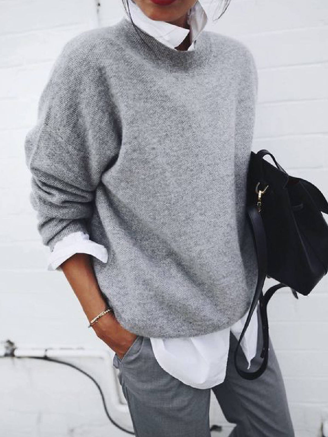 Women's Comfortable Casual Long Sleeve Pullover in Light Grey