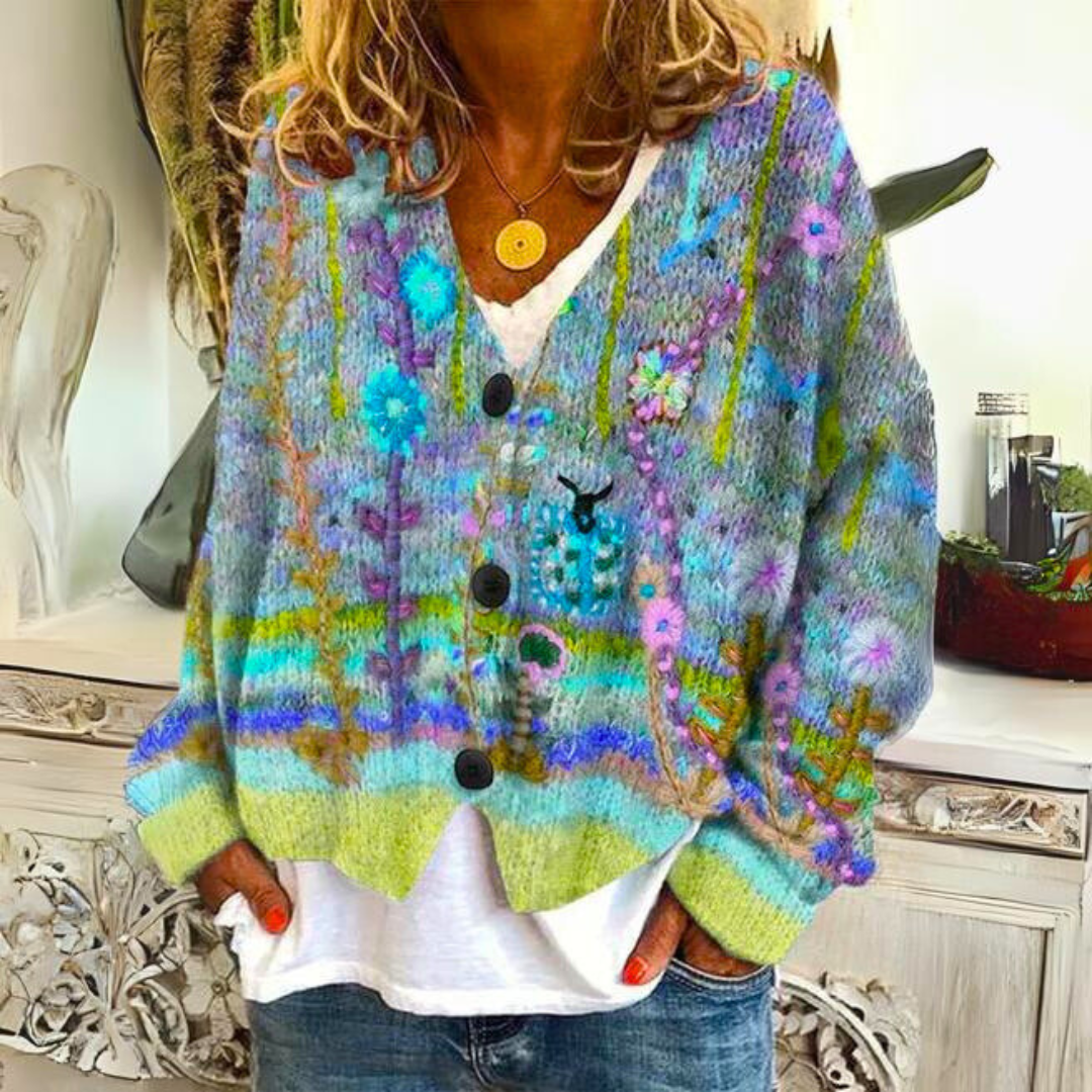 Women's Cosy Embroidered Cardigan Sweater for Autumn in Green
