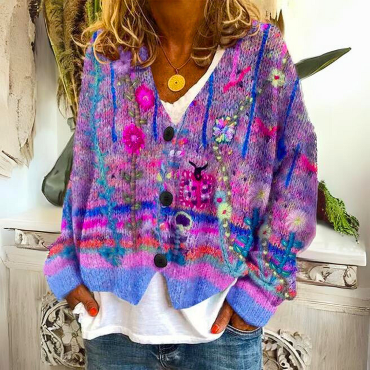 Women's Cosy Embroidered Cardigan Sweater for Autumn in Purple