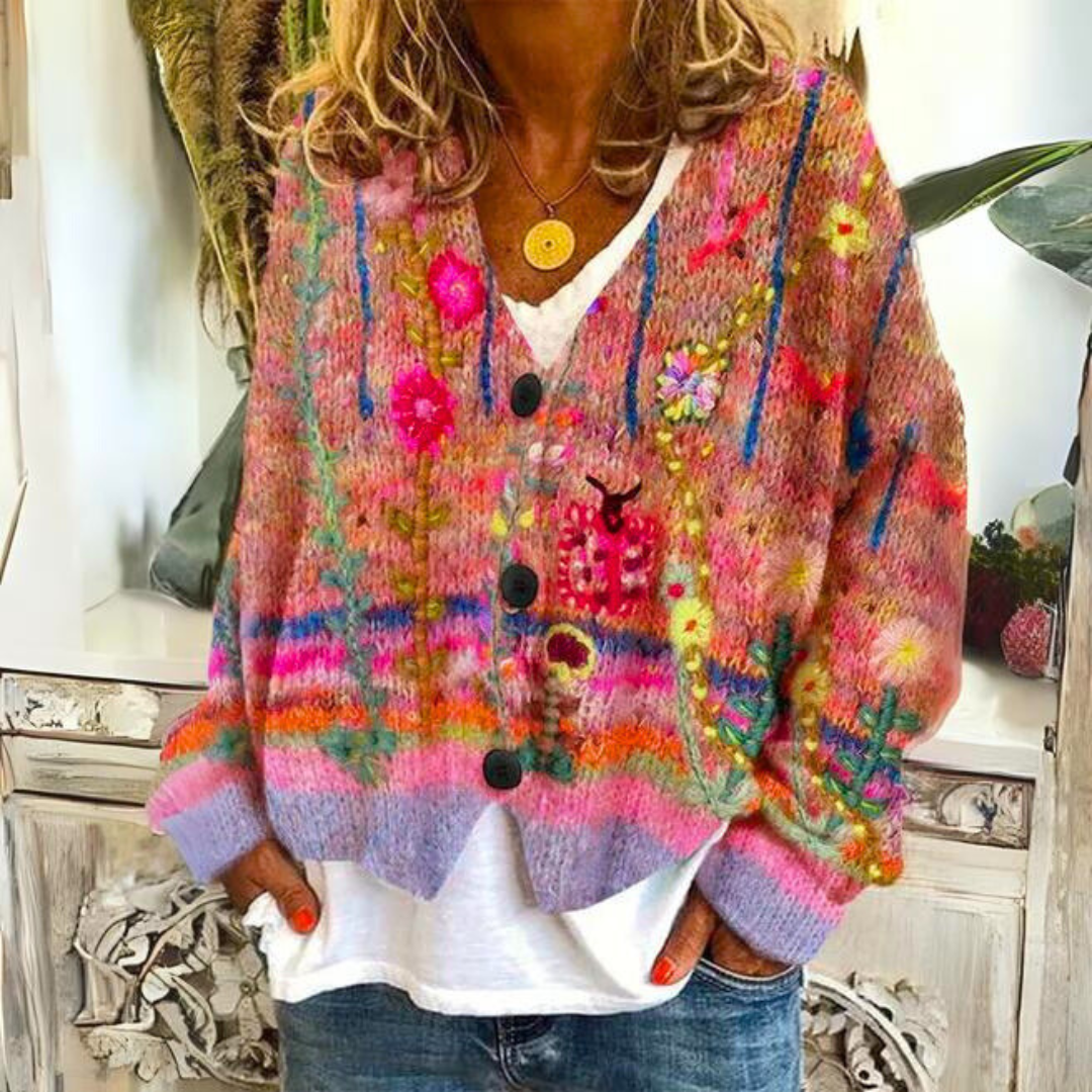 Women's Cosy Embroidered Cardigan Sweater for Autumn in Red