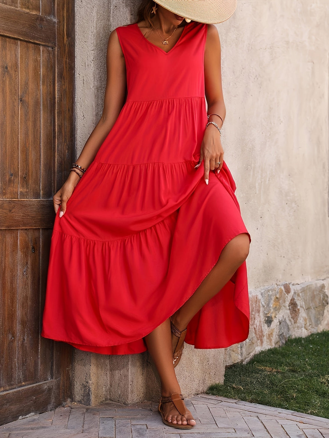 Women's Cotton Maxi Dress for Wedding Guests in Red