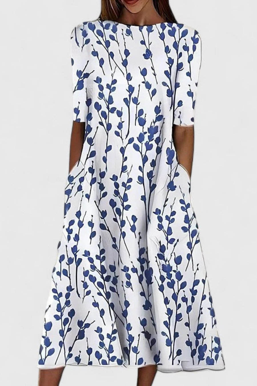 Women's Cotton Midi Beach Dress with Pockets in White