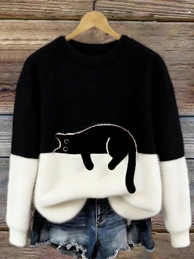 Women's Cozy Cat Print Casual Sweater in Black