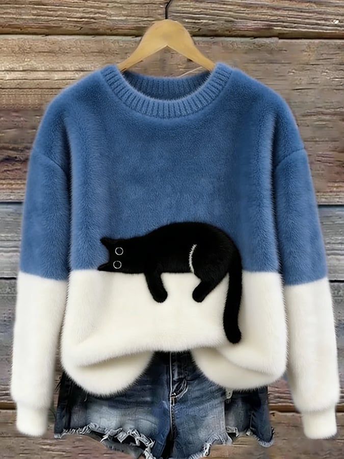 Women's Cozy Cat Print Casual Sweater in Blue