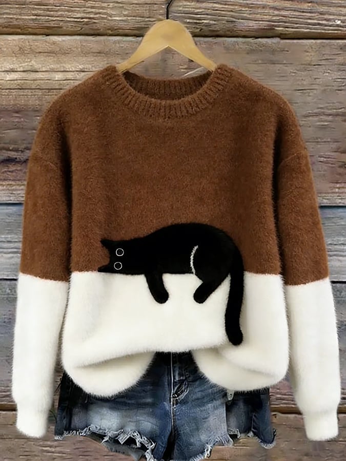 Women's Cozy Cat Print Casual Sweater in Brown