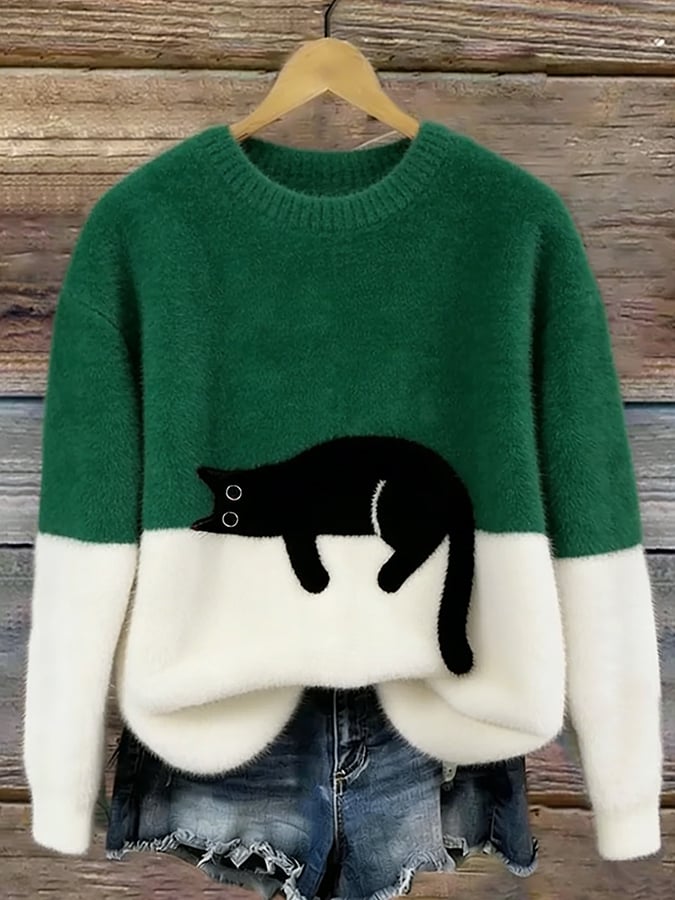 Women's Cozy Cat Print Casual Sweater in Green