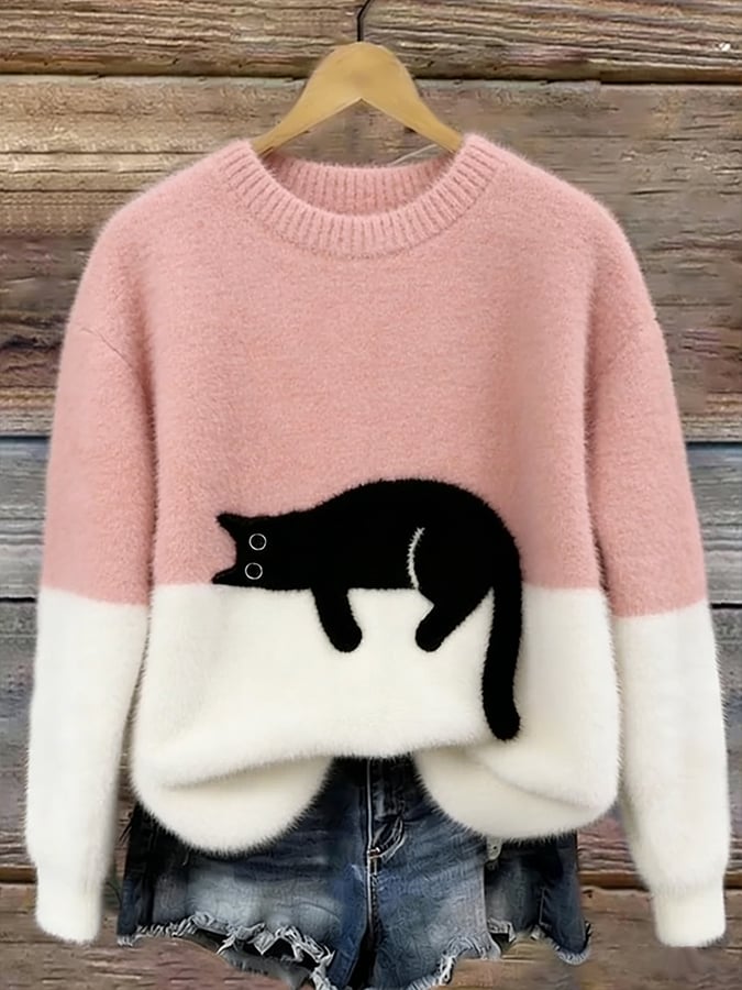 Women's Cozy Cat Print Casual Sweater in Pink