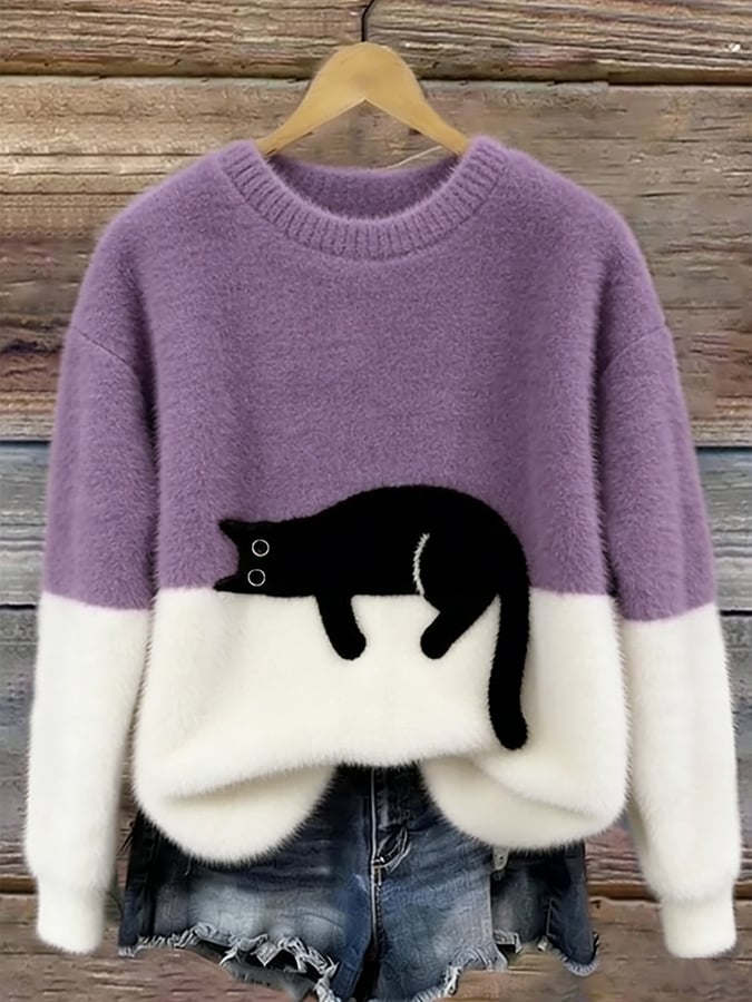 Women's Cozy Cat Print Casual Sweater in Purple