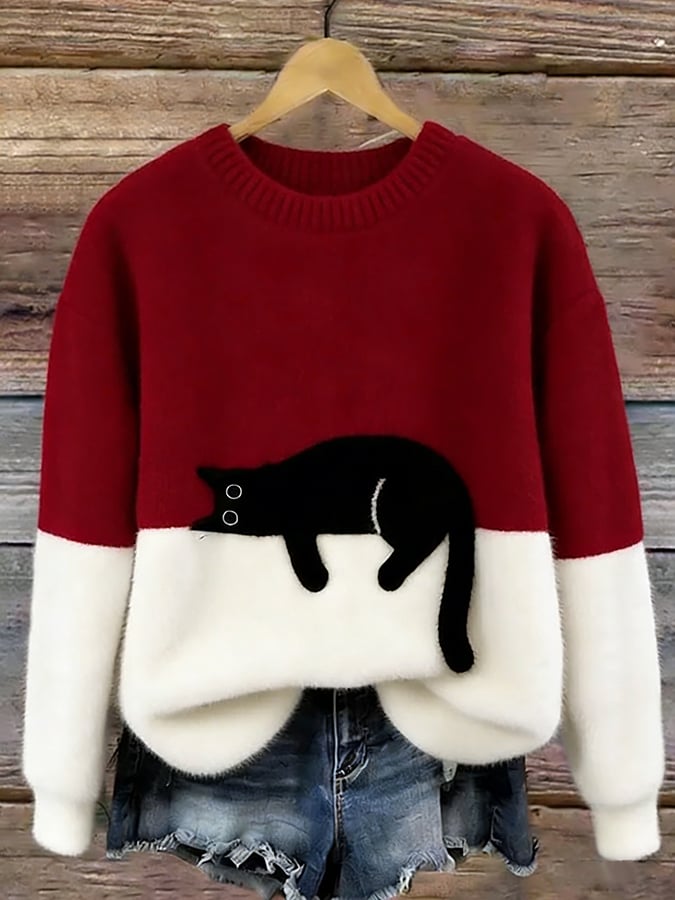 Women's Cozy Cat Print Casual Sweater in Red