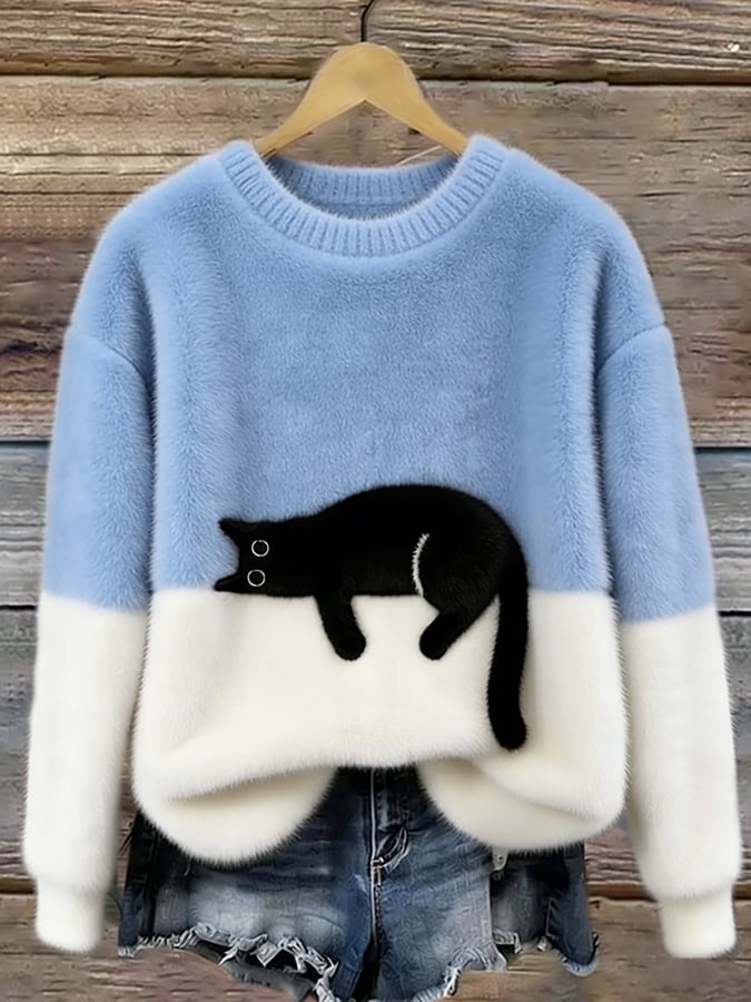 Women's Cozy Cat Print Casual Sweater in Sky Blue