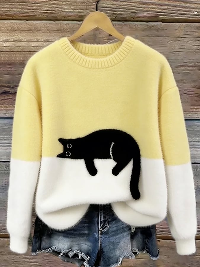 Women's Cozy Cat Print Casual Sweater in Yellow