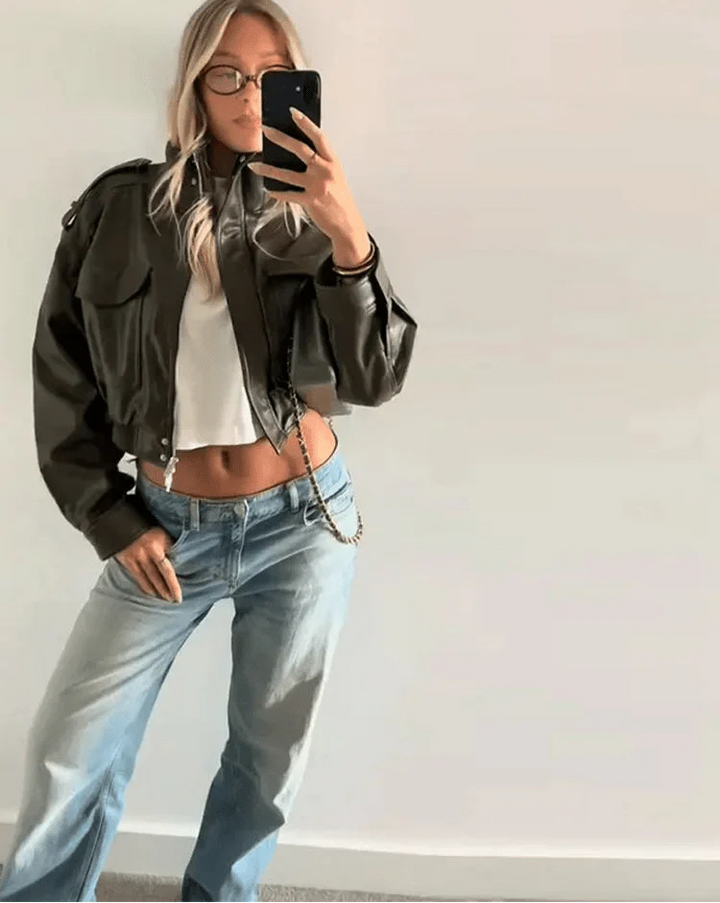 Women's Cropped Leather Jacket, Bomber Style (5)