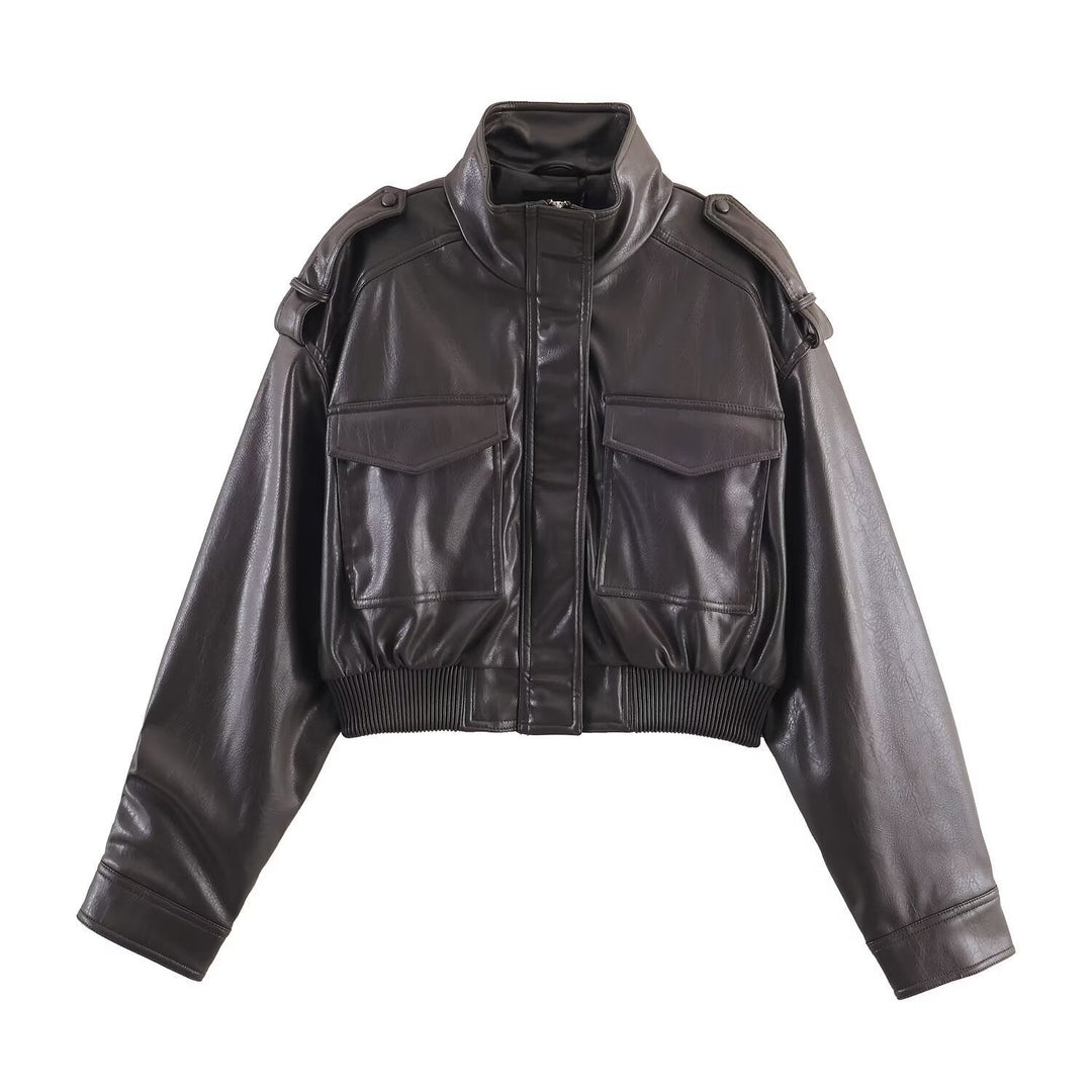 Women's Cropped Leather Jacket, Bomber Style in Dark Brown