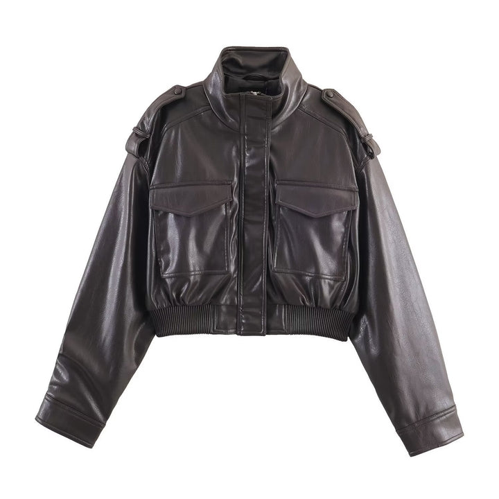 Women's Cropped Leather Jacket, Bomber Style in Dark Brown