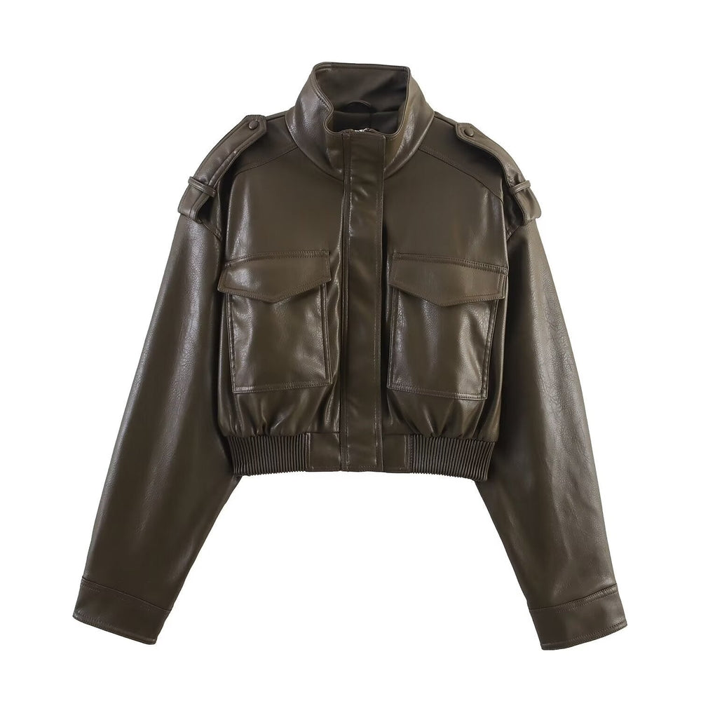 Women's Cropped Leather Jacket, Bomber Style in Dark Green