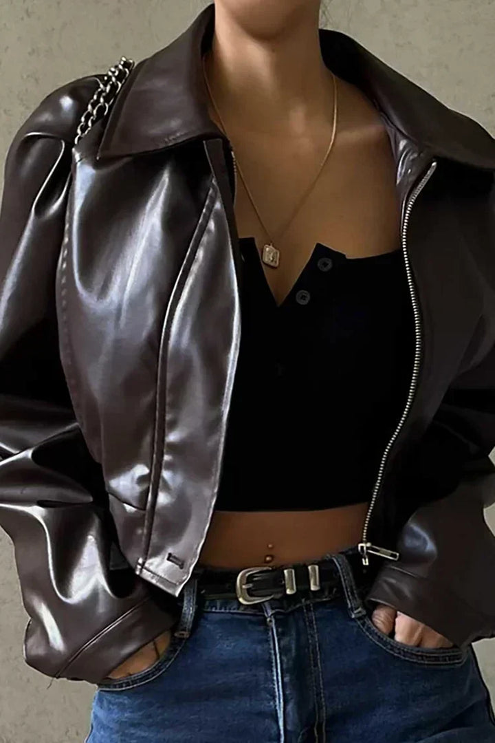 Women's Cropped Leather Jacket with Puffed Sleeves (2)