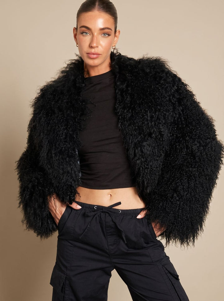 Women's Cropped Puffer Coat Faux Fur in Black
