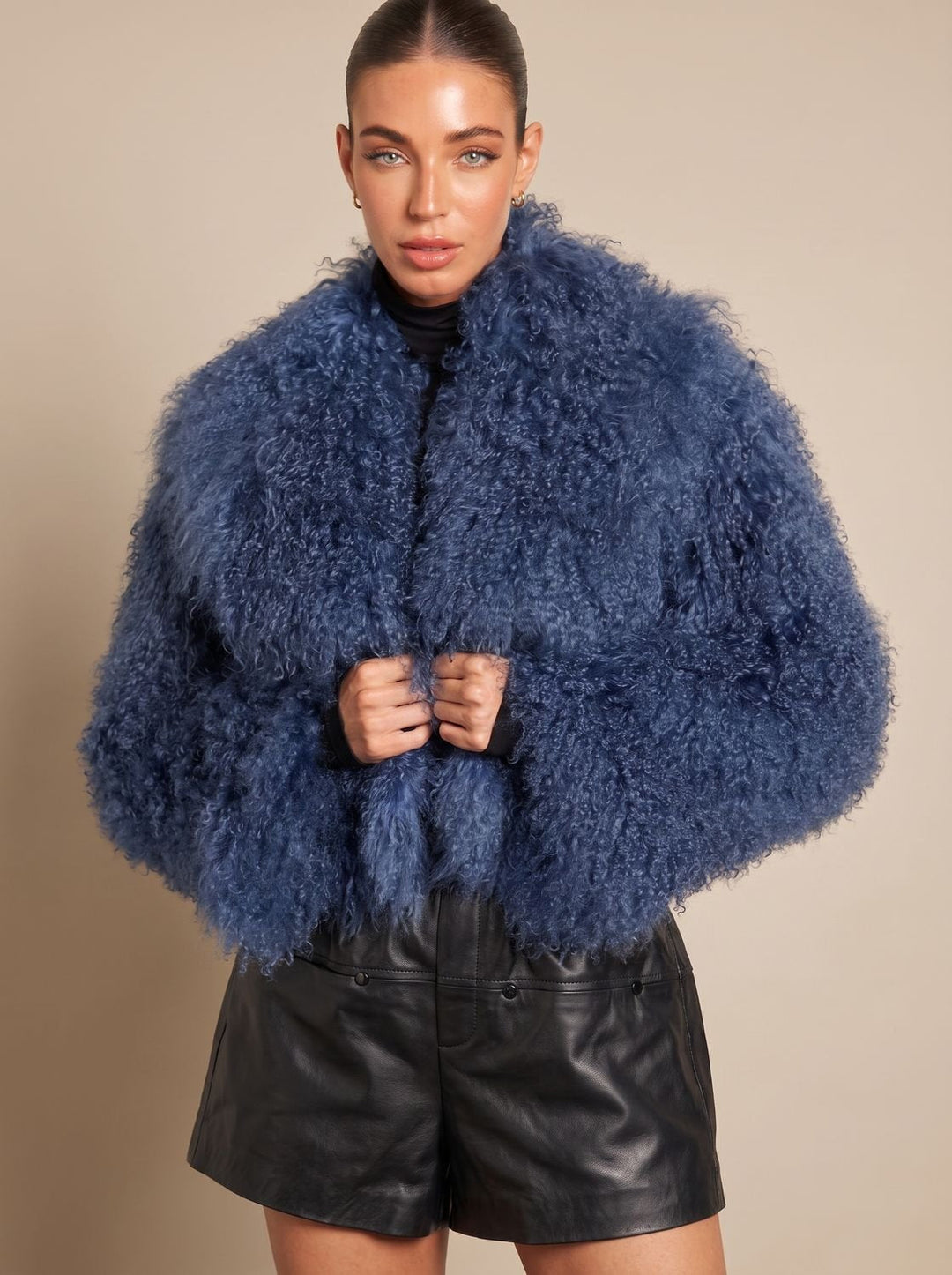 Women's Cropped Puffer Coat Faux Fur in Blue